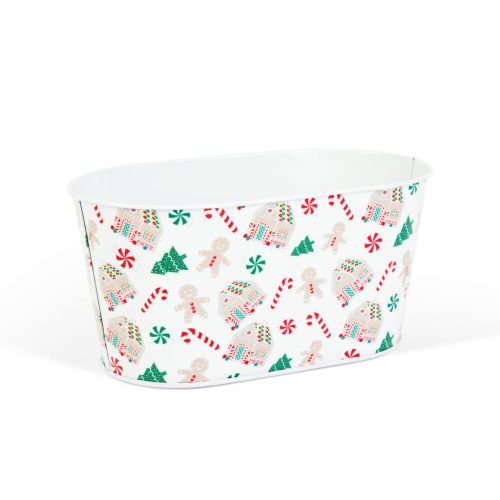 Karácsonyi fém kosár - házikó mintás - 19 x 11,5 x 9,5 cm (59722B)