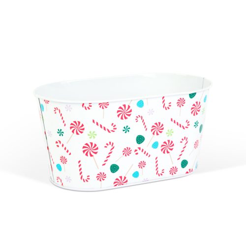 Karácsonyi fém kosár - cukorbot mintás - 19 x 11,5 x 9,5 cm (59722C)