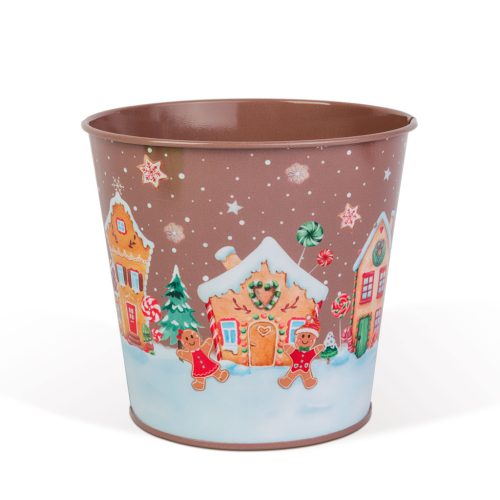 Karácsonyi dekoráció - fém kaspó, vödör - Mézeskalács - 13 x 11 cm (59724C)