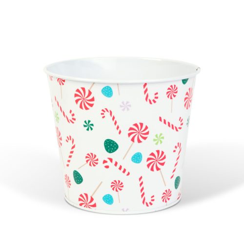 Karácsonyi dekoráció - fém kaspó, vödör - cukorbot - 13 x 11 cm (59733C)