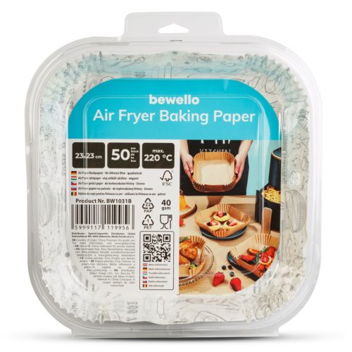 Bewello Air fryer sütőpapír - olaj nélküli sütőhöz - mintás, négyzet - 23 cm - 50 db / csomag (BW1031B)