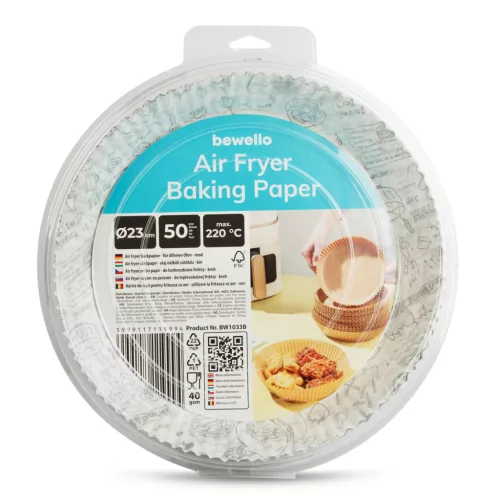 Bewello Air fryer sütőpapír - olaj nélküli sütőhöz - mintás, kör - 23 cm - 50 db / csomag (BW1033B)