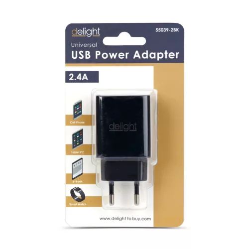 Delight USB Hálózati adapter 2xUSB fekete (55039-2BK)