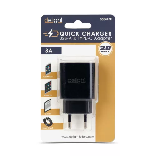 Delight Hálózati Adapter USB + Type-C PD20W gyorstöltéssel - fekete (55041BK)