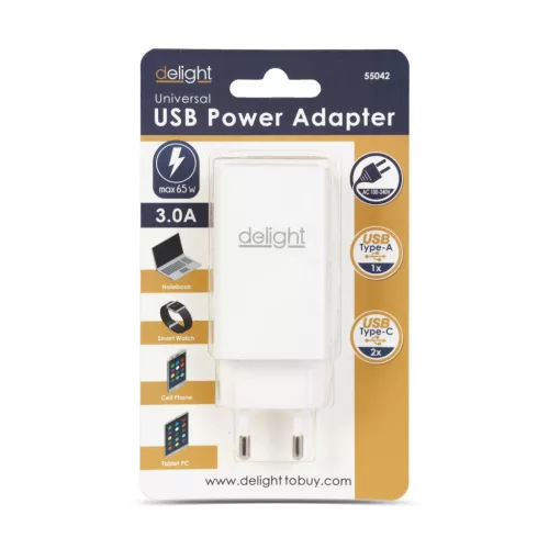 Delight Hálózati Adapter - USB-A 20W + Type-C PD45W gyorstöltéssel - fehér (55042)