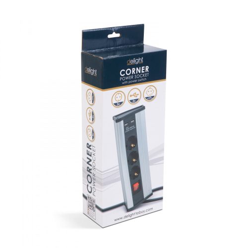 Delight Sarokelosztó - kapcsolós - 3 x 250V, 16A - 2 x USB, 2,1A - alumínium ház (20483S)