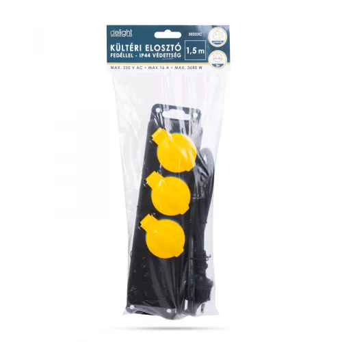 Delight Kültéri elosztó fedéllel - 1,5 m - 3 x 230V - 3 x 1,5 mm2, gumi - IP44 (20223C)
