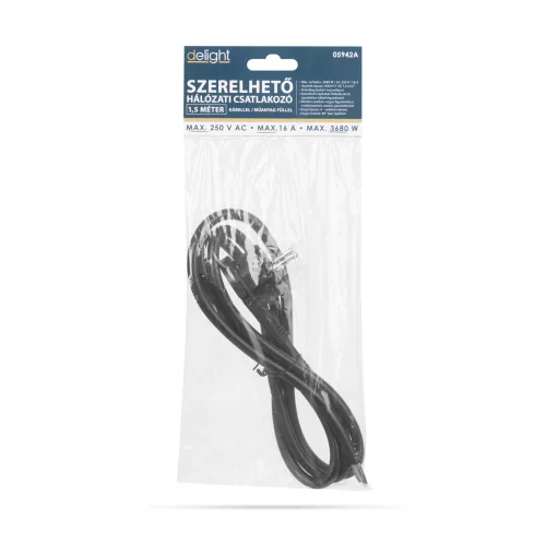 Delight Hálózati szerelhető tápkábel dugóval  - műanyag füllel - 1,5 m kábellel - 3 x 1,5 mm2 - fekete (05942A)