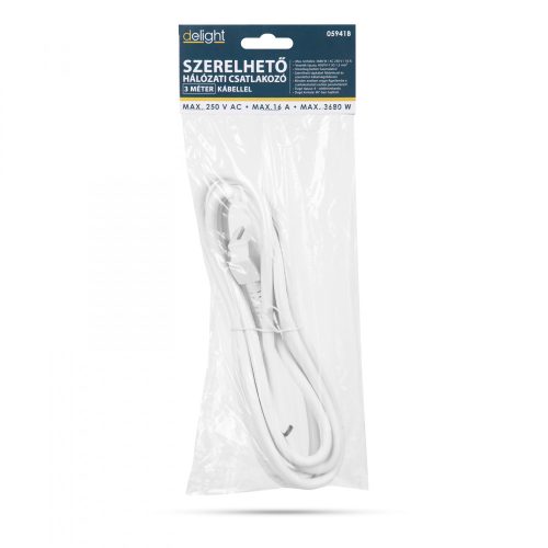Delight Hálózati szerelhető tápkábel dugóval - 3 m kábellel - 3 x 1,5 mm² - fehér (05941B)