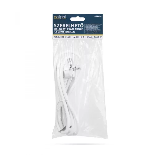 Delight Hálózati szerelhető tápkábel dugóval - 1,5 m kábellel - 3 x 1,5 mm² - fehér (05941A)