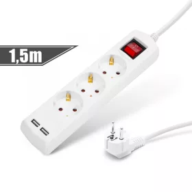   Delight Elosztó 3-as - 3 x 1,5 mm - 1,5 m - 2 x USB-vel - kapcsolós (20221U)
