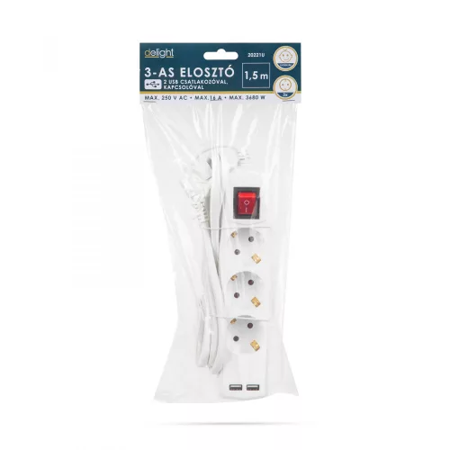 Delight Elosztó 3-as - 3 x 1,5 mm - 1,5 m - 2 x USB-vel - kapcsolós (20221U)