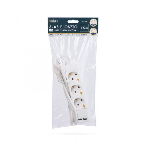 Delight Elosztó 3-as - 3 x 1,5 mm² - 1,5 m - 2 x USB-vel (20201U)