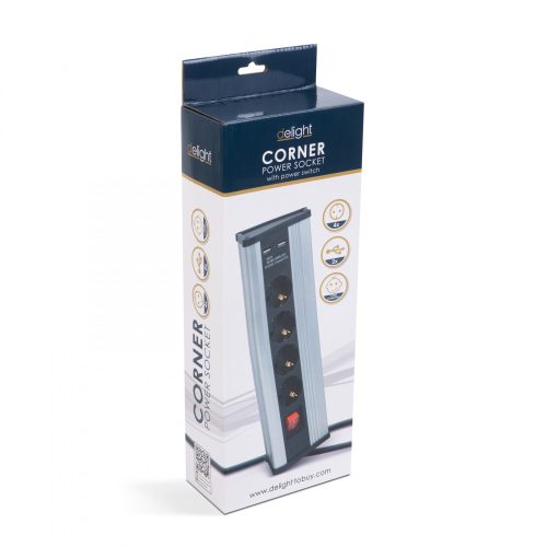 Delight Sarokelosztó - kapcsolós - 4 x 250V, 16A - 2 x USB, 2,1A - alumínium ház (20484S)