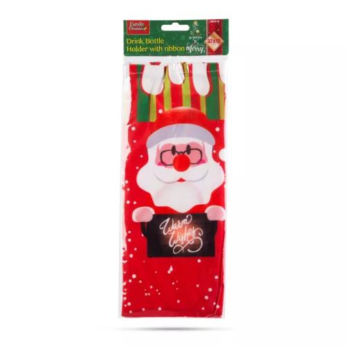 Family Karácsonyi italos üveg tartó szalaggal - mikulás - poliészter - 32 x 12,5 cm (58727A)