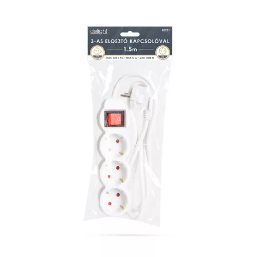 Delight 3-as elosztó kapcsolóval 250 V • 10 / 16 A 1,5 m (20221)