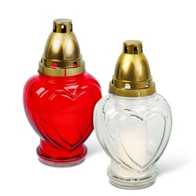   Üveg mécses - szív forma, műanyag kupakkal, piros - fehér - 21,7 cm (TW1018)