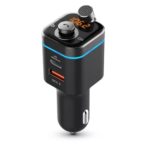 Bluetooth FM-transmitter/szivargyújtó töltő - USB +Type-C + MP3 + TF/microSD    kártyaolvasó + QC3.0 - C72 Pro Car Charger FM-Transmitter - fekete
