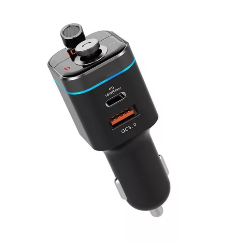 Bluetooth FM-transmitter/szivargyújtó töltő - USB +Type-C + MP3 + TF/microSD    kártyaolvasó + QC3.0 - C72 Pro Car Charger FM-Transmitter - fekete
