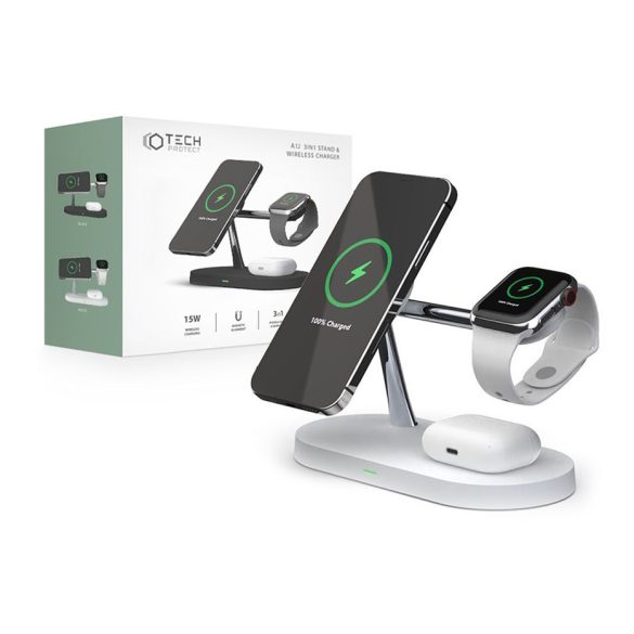 Tech-Protect Qi univerzális vezeték nélküli töltő állomás - 15W - Tech-Protect  A12 3in1 Wireless Charger for Phone + Watch + Earphone - fehér