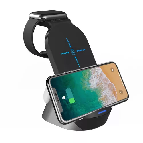 Tech-Protect Qi univerzális vezeték nélküli töltő állomás - 15W - Tech-Protect  H18 3in1 Wireless Charger for Phone + Watch + Earphone - fekete