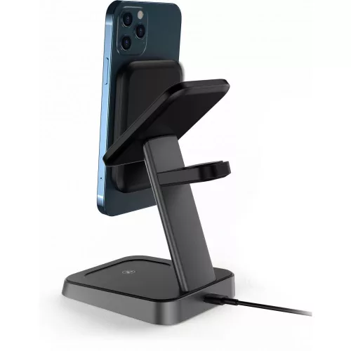Tech-Protect Qi univerzális vezeték nélküli töltő állomás - 15W - Tech-Protect  W68 3in1 Wireless Charger for Phone + Watch + Earphone - fekete