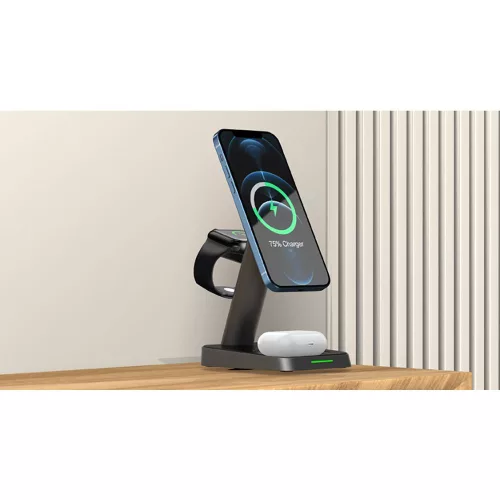 Tech-Protect Qi univerzális vezeték nélküli töltő állomás - 15W - Tech-Protect  W68 3in1 Wireless Charger for Phone + Watch + Earphone - fekete