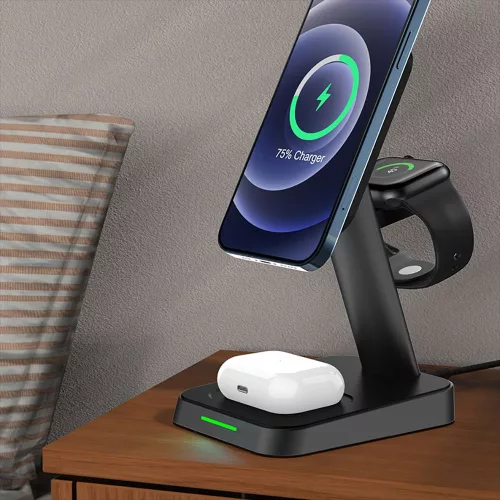 Tech-Protect Qi univerzális vezeték nélküli töltő állomás - 15W - Tech-Protect  W68 3in1 Wireless Charger for Phone + Watch + Earphone - fekete