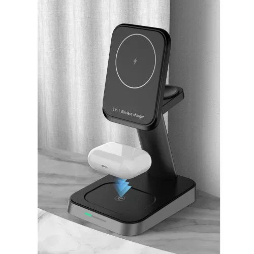 Tech-Protect Qi univerzális vezeték nélküli töltő állomás - 15W - Tech-Protect  W68 3in1 Wireless Charger for Phone + Watch + Earphone - fekete