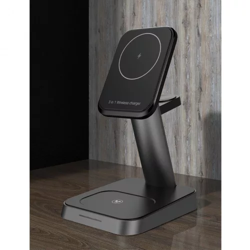Tech-Protect Qi univerzális vezeték nélküli töltő állomás - 15W - Tech-Protect  W68 3in1 Wireless Charger for Phone + Watch + Earphone - fekete