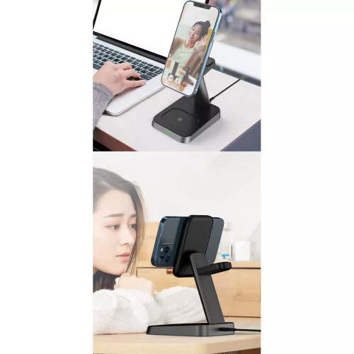 Tech-Protect Qi univerzális vezeték nélküli töltő állomás - 15W - Tech-Protect  W68 3in1 Wireless Charger for Phone + Watch + Earphone - fekete