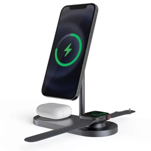 Tech-Protect Qi univerzális vezeték nélküli töltő állomás - 18W - Tech-Protect  A22 3in1 Wireless Charger for Phone + Watch + Earphone - szürke