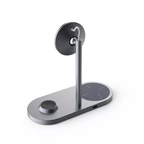 Tech-Protect Qi univerzális vezeték nélküli töltő állomás - 18W - Tech-Protect  A22 3in1 Wireless Charger for Phone + Watch + Earphone - szürke