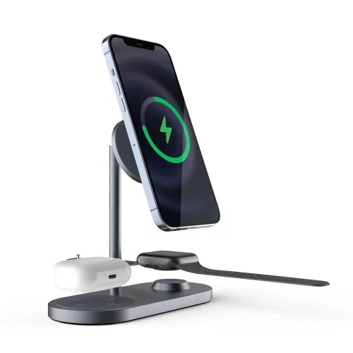 Tech-Protect Qi univerzális vezeték nélküli töltő állomás - 18W - Tech-Protect  A22 3in1 Wireless Charger for Phone + Watch + Earphone - szürke