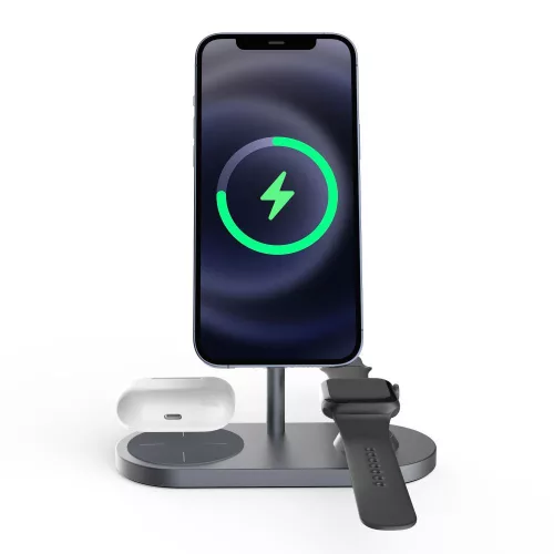 Tech-Protect Qi univerzális vezeték nélküli töltő állomás - 18W - Tech-Protect  A22 3in1 Wireless Charger for Phone + Watch + Earphone - szürke