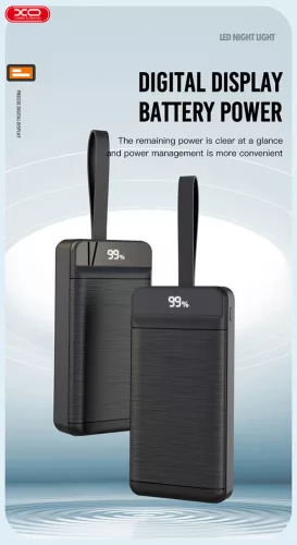 XO univerzális hordozható, asztali akkumulátor töltő - 50.000 mAh - XO PR158 Power Bank - 3xUSB + microUSB + Type-C + Lightning - QC 22.5W TYP-C - PD 20W AFC FCP - fekete