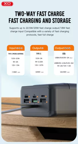 XO univerzális hordozható, asztali akkumulátor töltő - 50.000 mAh - XO PR158 Power Bank - 3xUSB + microUSB + Type-C + Lightning - QC 22.5W TYP-C - PD 20W AFC FCP - fekete