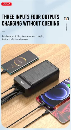 XO univerzális hordozható, asztali akkumulátor töltő - 50.000 mAh - XO PR158 Power Bank - 3xUSB + microUSB + Type-C + Lightning - QC 22.5W TYP-C - PD 20W AFC FCP - fekete