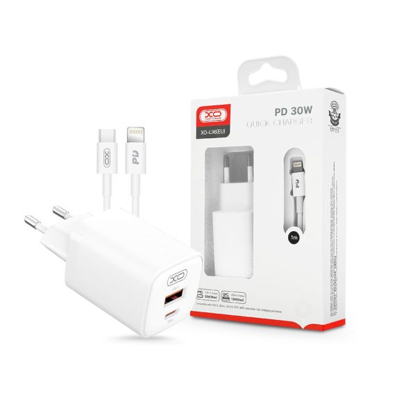 XO hálózati töltő adapter Type-C + USB bemenettel + Type-C - Lightning kábel -  30W - XO L96 Quick Charger Suit PD.3.0, QC3.0 - fehér