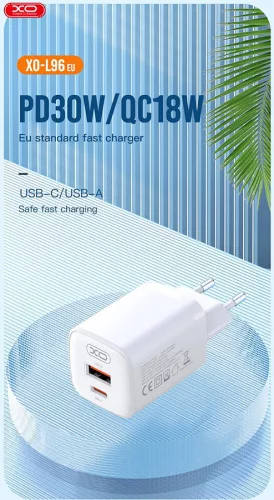 XO hálózati töltő adapter Type-C + USB bemenette + Type-C - Type-C kábel - 30W -XO L96 Quick Charger Suit PD.3.0, QC3.0 - fehér