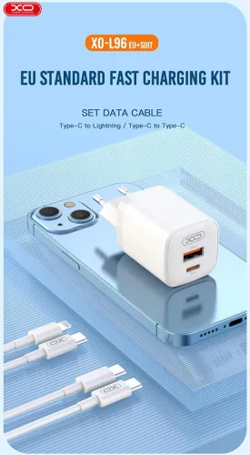 XO hálózati töltő adapter Type-C + USB bemenette + Type-C - Type-C kábel - 30W -XO L96 Quick Charger Suit PD.3.0, QC3.0 - fehér