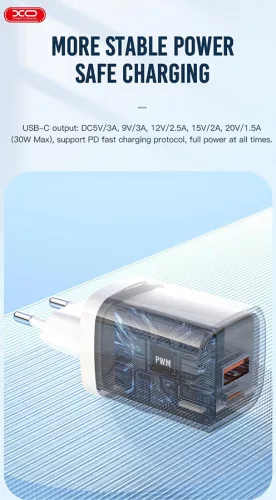 XO hálózati töltő adapter Type-C + USB bemenette + Type-C - Type-C kábel - 30W -XO L96 Quick Charger Suit PD.3.0, QC3.0 - fehér