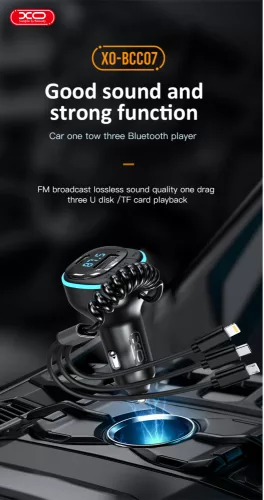 XO Bluetooth FM-transmitter/szivargyújtó töltő - USB + Type-C + MP3/FLAC/APE +  Pendrive/TF-kártyaolvasó - XO BCC07 3in1 Car Charger - fekete