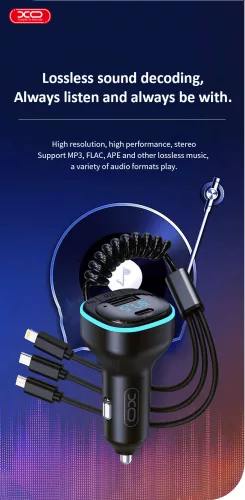 XO Bluetooth FM-transmitter/szivargyújtó töltő - USB + Type-C + MP3/FLAC/APE +  Pendrive/TF-kártyaolvasó - XO BCC07 3in1 Car Charger - fekete