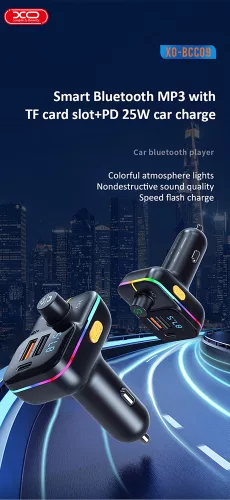 XO Bluetooth FM-transmitter/szivargyújtó töltő - 2xUSB + MP3 + Pendrive         lejátszás + RGB Light + PD25W Fast Charger - XO BCC09 - fekete