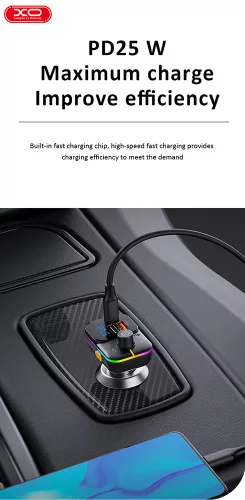 XO Bluetooth FM-transmitter/szivargyújtó töltő - 2xUSB + MP3 + Pendrive         lejátszás + RGB Light + PD25W Fast Charger - XO BCC09 - fekete