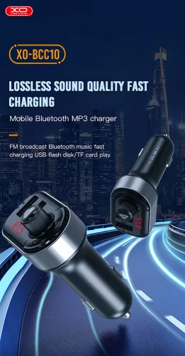 XO Bluetooth FM-transmitter/szivargyújtó töltő - 2xUSB + MP3 + Pendrive         lejátszás - XO BCC10 - fekete