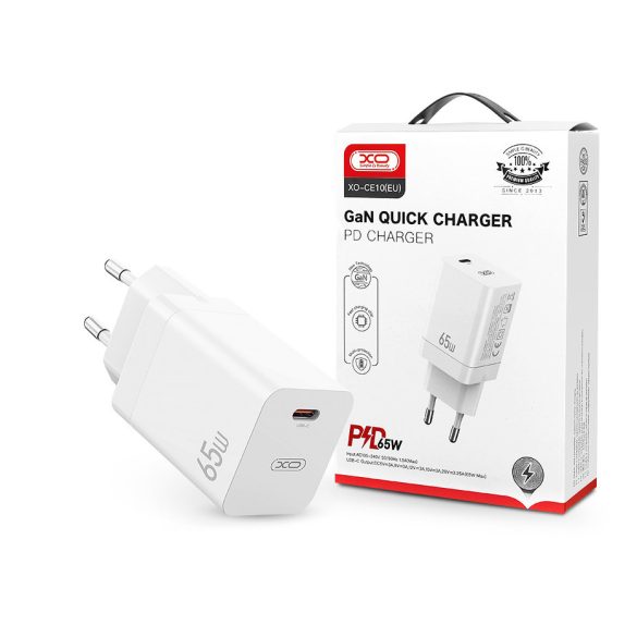 XO GaN hálózati töltő adapter Type-C bemenettel - 65W - XO CE10 PD3.0 + QC3.0 Quick Charger - fehér