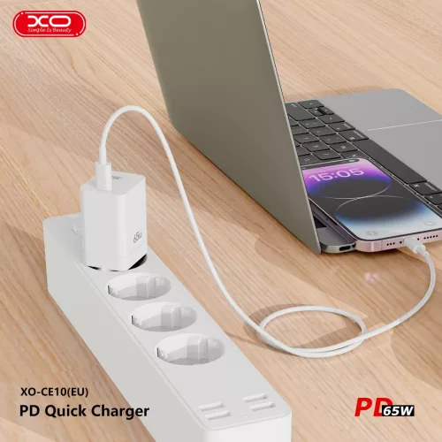 XO GaN hálózati töltő adapter Type-C bemenettel - 65W - XO CE10 PD3.0 + QC3.0 Quick Charger - fehér
