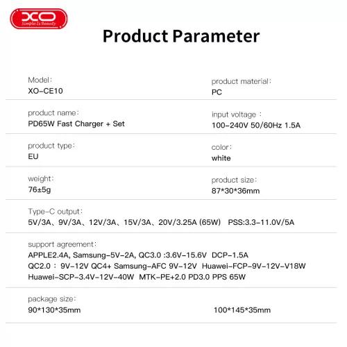 XO GaN hálózati töltő adapter Type-C bemenettel - 65W - XO CE10 PD3.0 + QC3.0 Quick Charger - fehér
